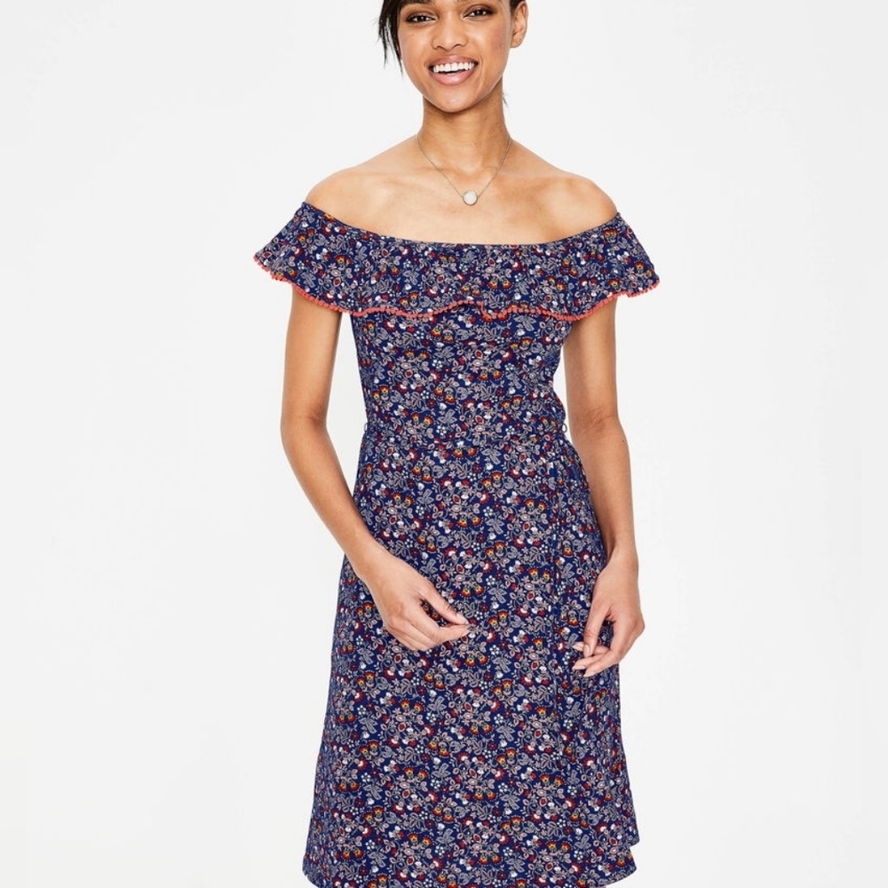 BODEN Bethany Bardot Blue Ditsy Floral Tie Waist Dress Size 6 Long